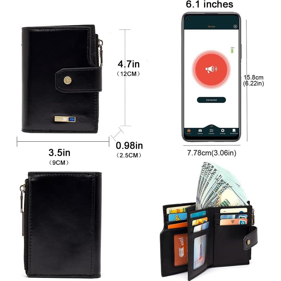 Billetera Bluetooth anti-pérdida cuero genuino negro