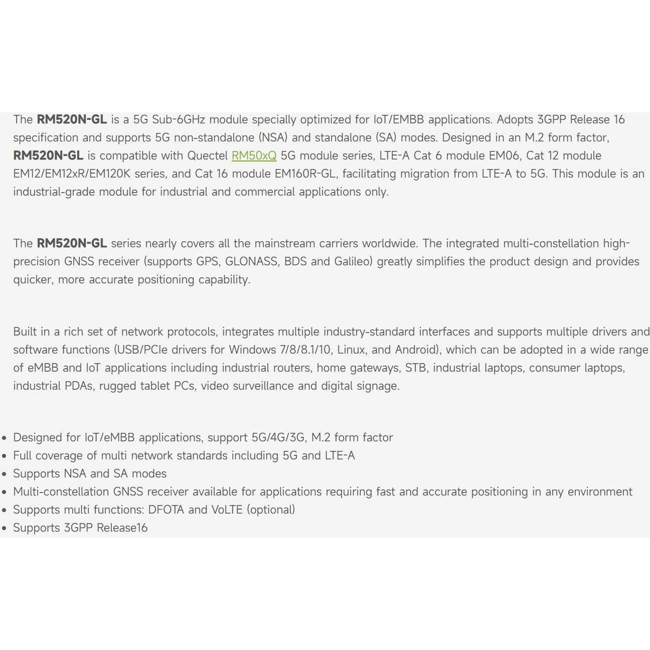 Módulo 5G Waveshare RM520N-GL M.2 Sub-6G para IoT