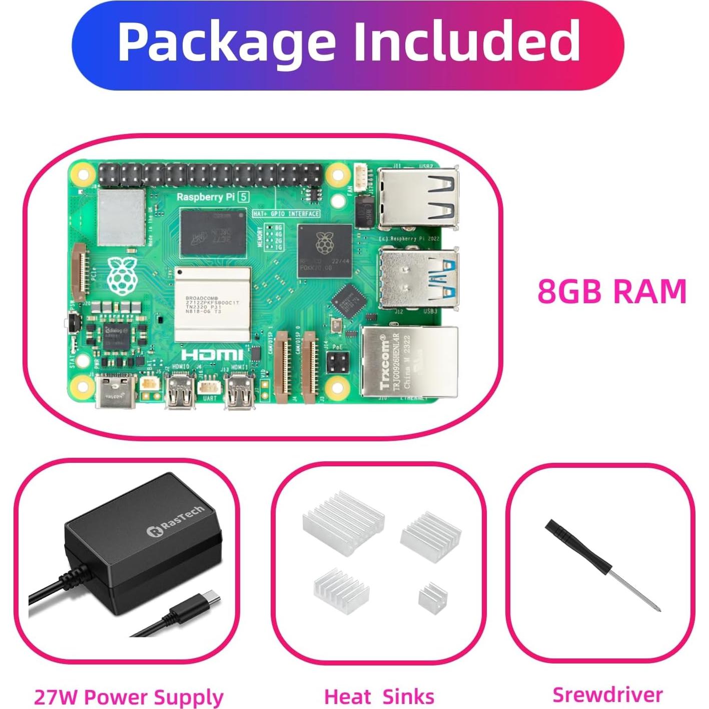 Raspberry Pi 5 Kit 8GB RAM con Fuente 27W y Disipadores