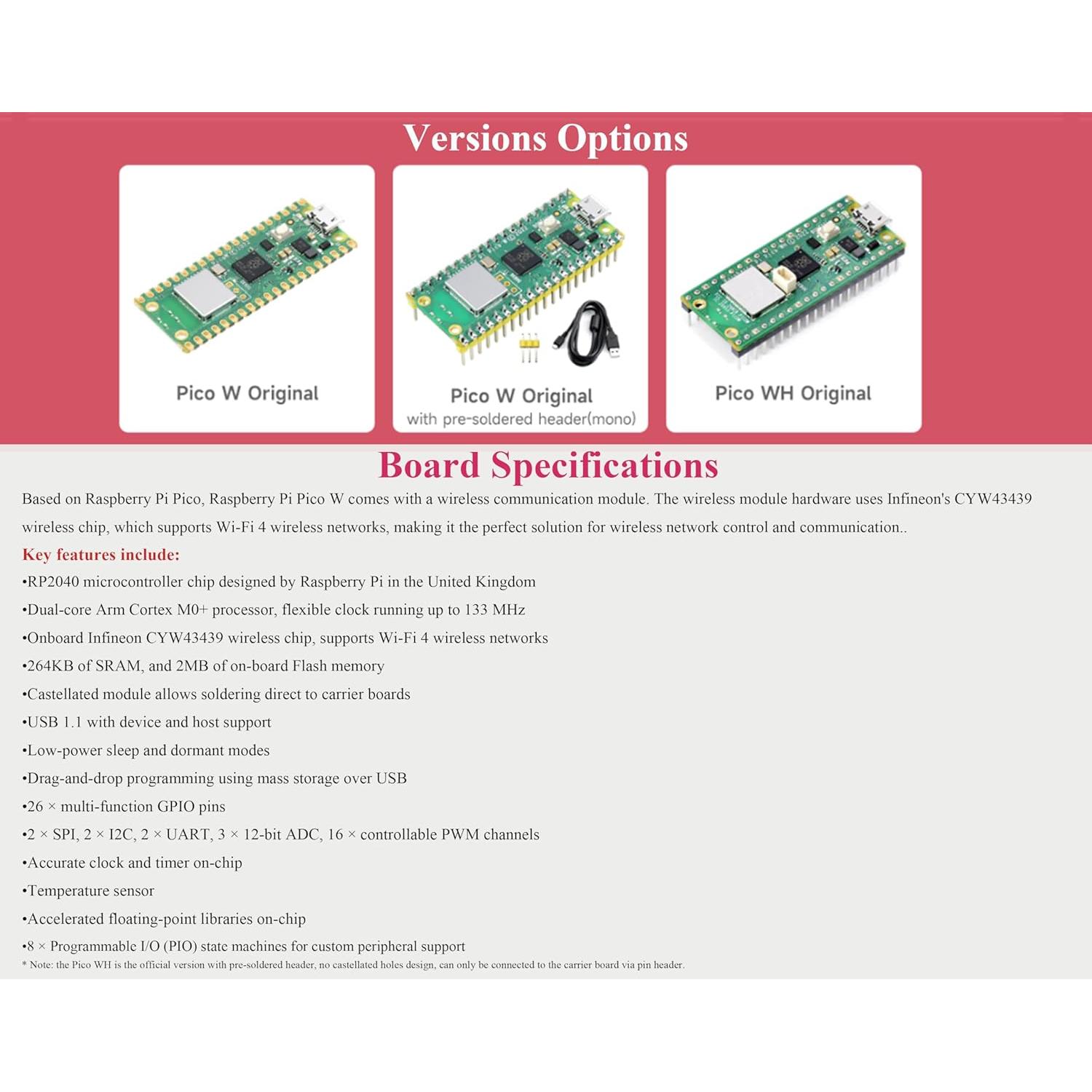 Header Pre-soldado Raspberry Pi Pico W 2.4GHz WiFi Waveshare