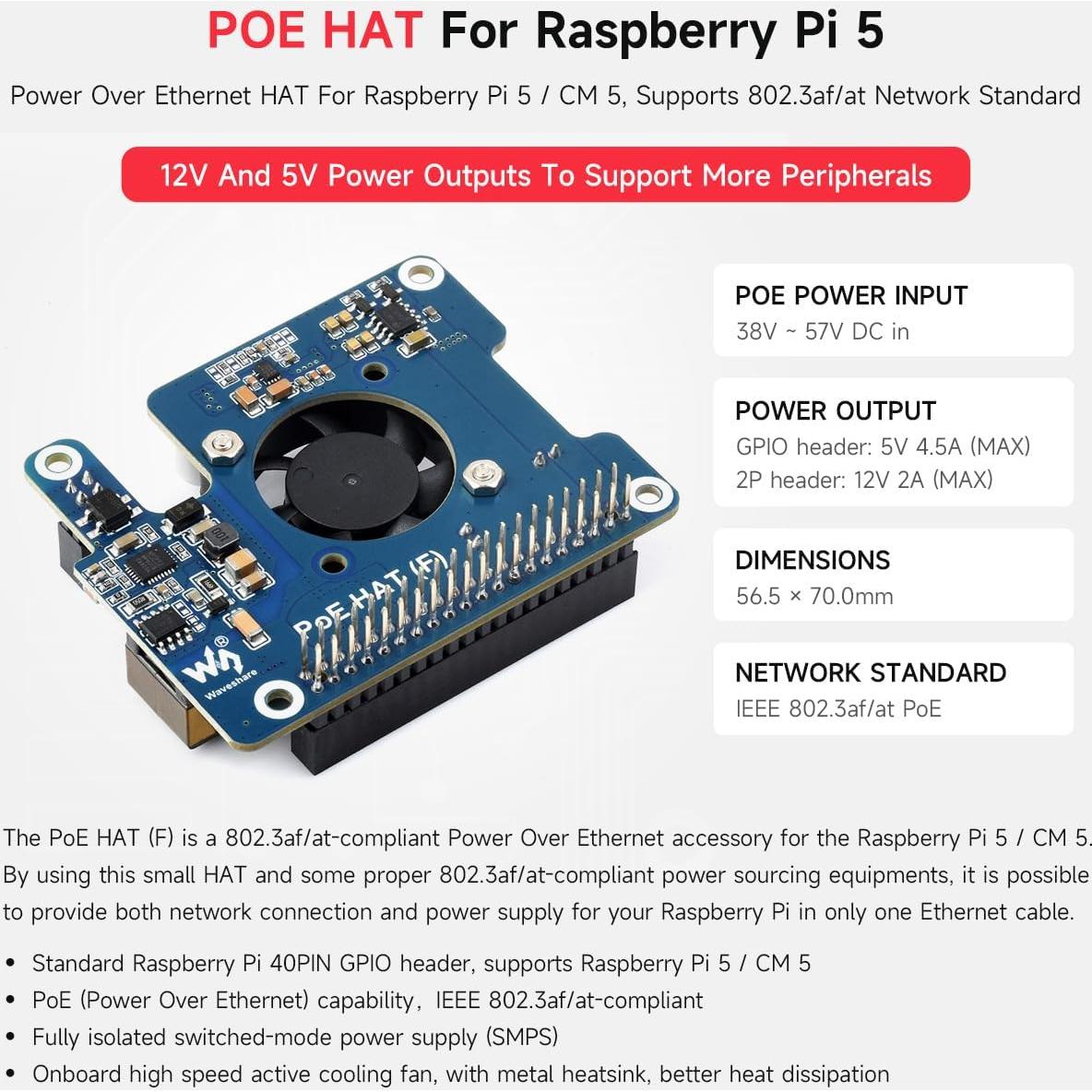 Waveshare PoE HAT para Raspberry Pi 5 con Ventilador y Disipador