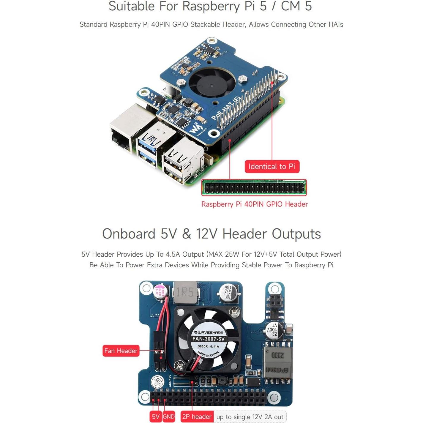 Waveshare PoE HAT para Raspberry Pi 5 con Ventilador y Disipador