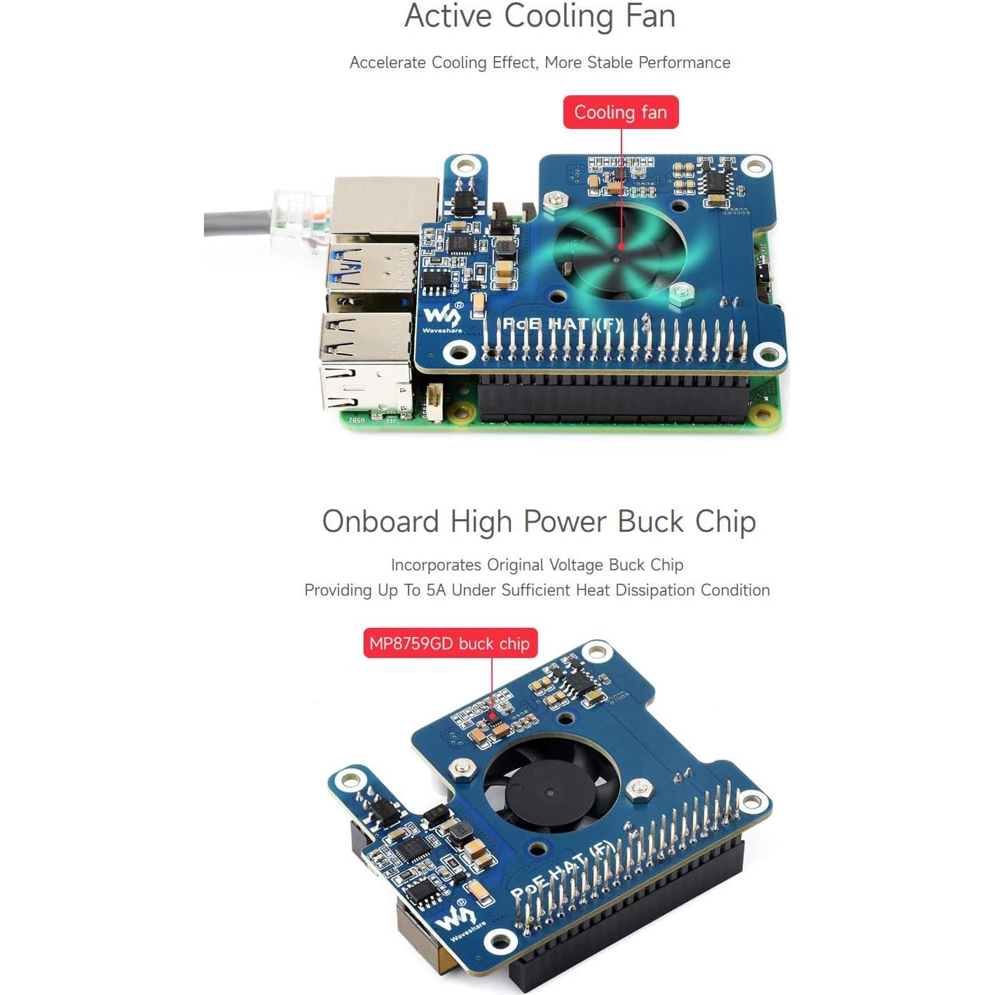 Waveshare PoE HAT para Raspberry Pi 5 con Ventilador y Disipador