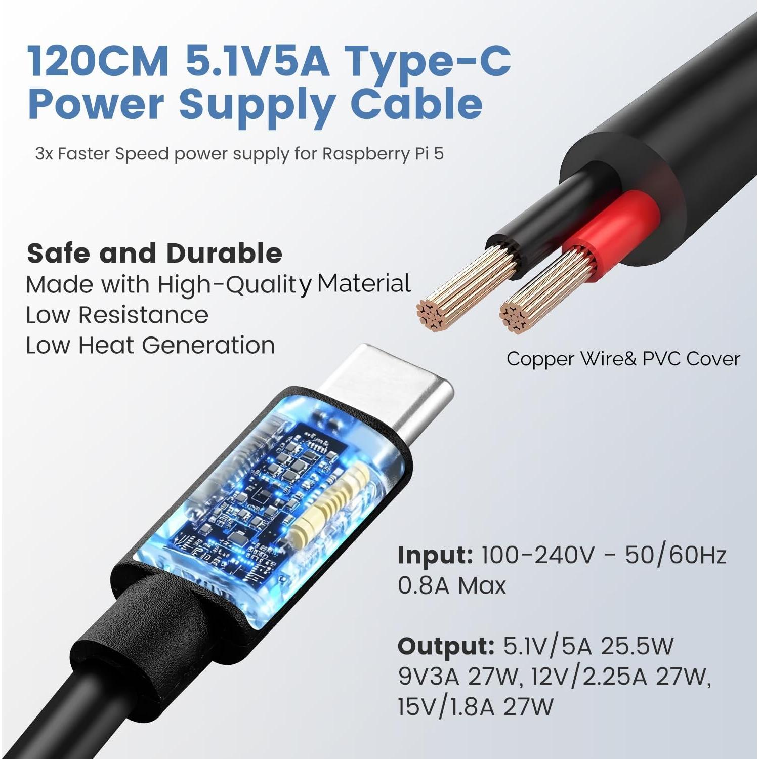 RasTech for Raspberry Pi 5 GaN PD 27W Power Supply 5.1V 5A USB-C Pi 5 Power Adapter for Raspberry Pi 5 16GB/8GB/4GB/2GB
