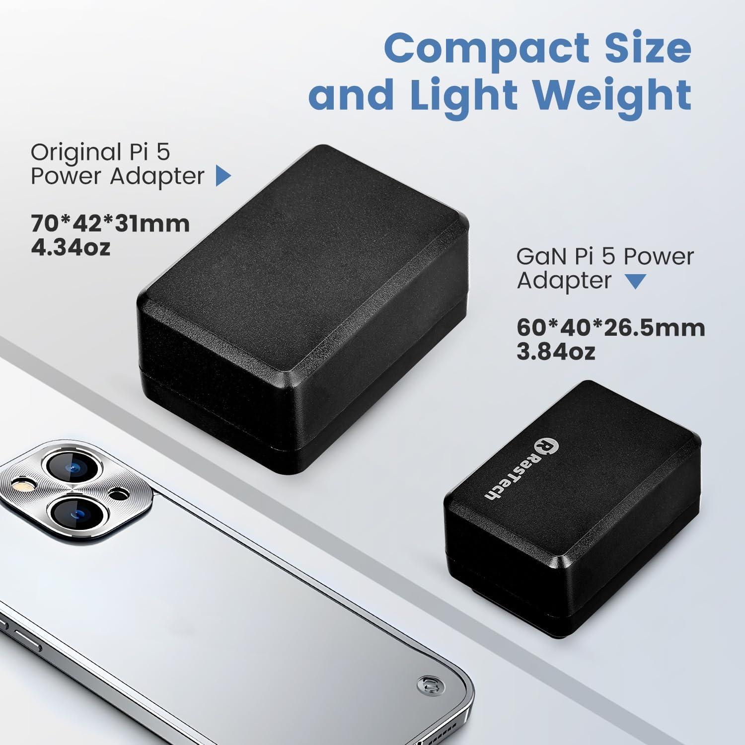RasTech for Raspberry Pi 5 GaN PD 27W Power Supply 5.1V 5A USB-C Pi 5 Power Adapter for Raspberry Pi 5 16GB/8GB/4GB/2GB