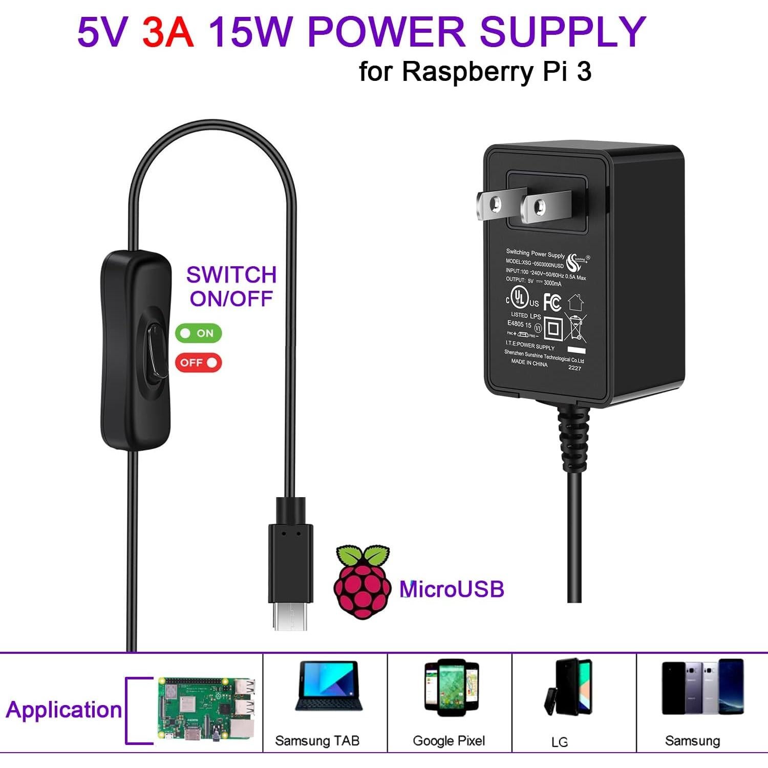 [5V 3A 15W] iUniker Raspberry Pi 3 Case, Power Supply With Switch for Pi 3 B+ (UL Listed)