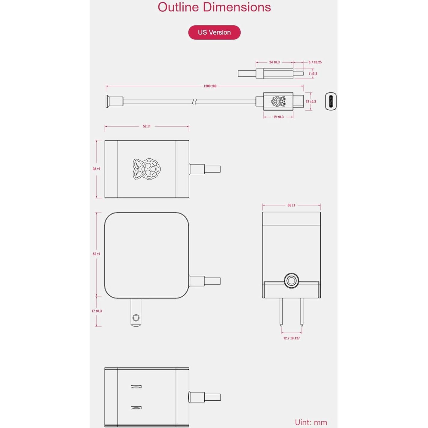 Official 27W USB-C Power Supply for Raspberry Pi 5, 5.1V/5A, 9V/3A, 12V/2.25A, 15V/1.8A, Black US