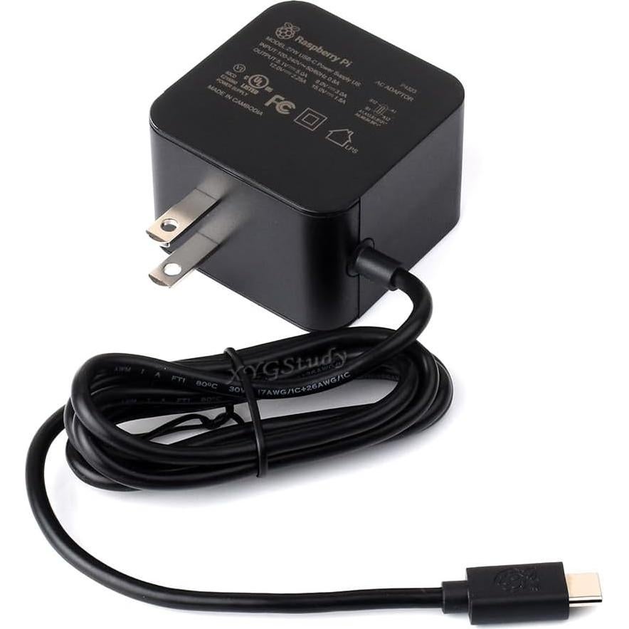 Official 27W USB-C Power Supply for Raspberry Pi 5, 5.1V/5A, 9V/3A, 12V/2.25A, 15V/1.8A, Black US