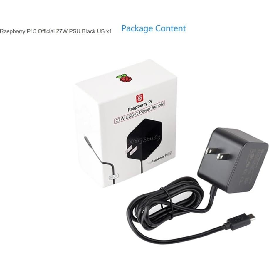 Official 27W USB-C Power Supply for Raspberry Pi 5, 5.1V/5A, 9V/3A, 12V/2.25A, 15V/1.8A, Black US