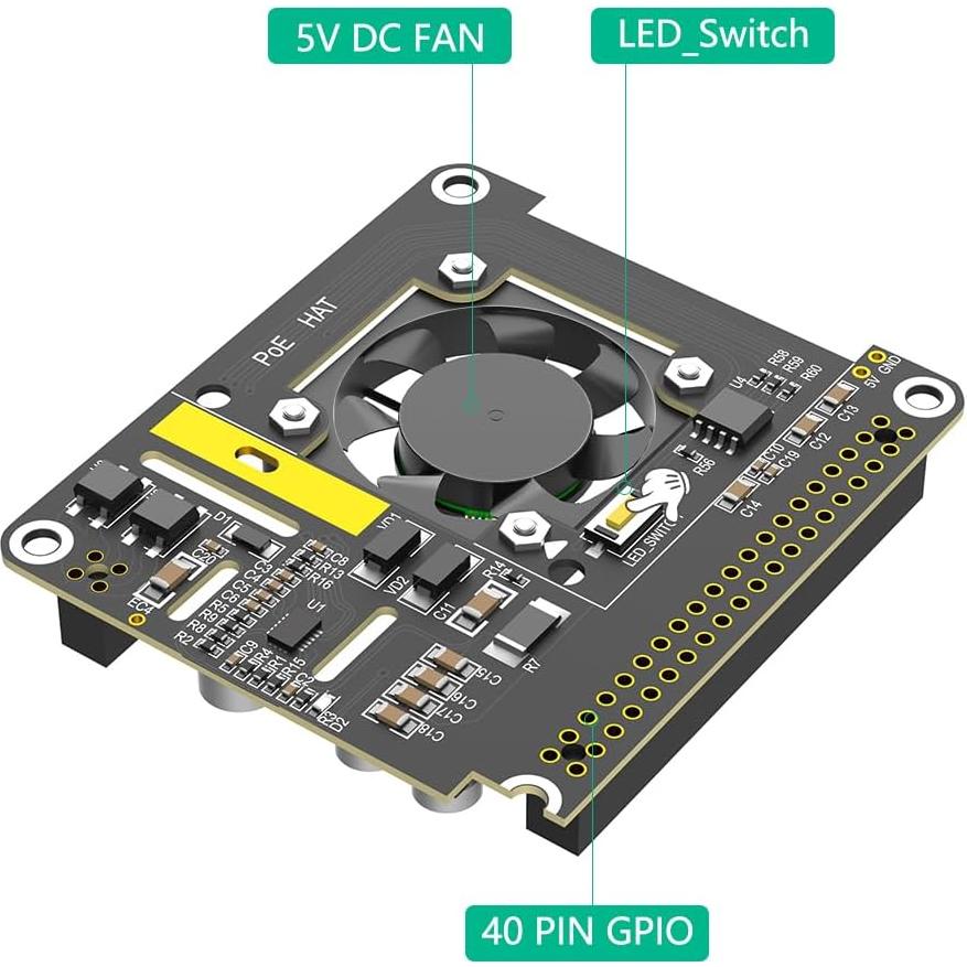 PoE HAT Mustpoint para Raspberry Pi 5 con ventilador 5V 5A