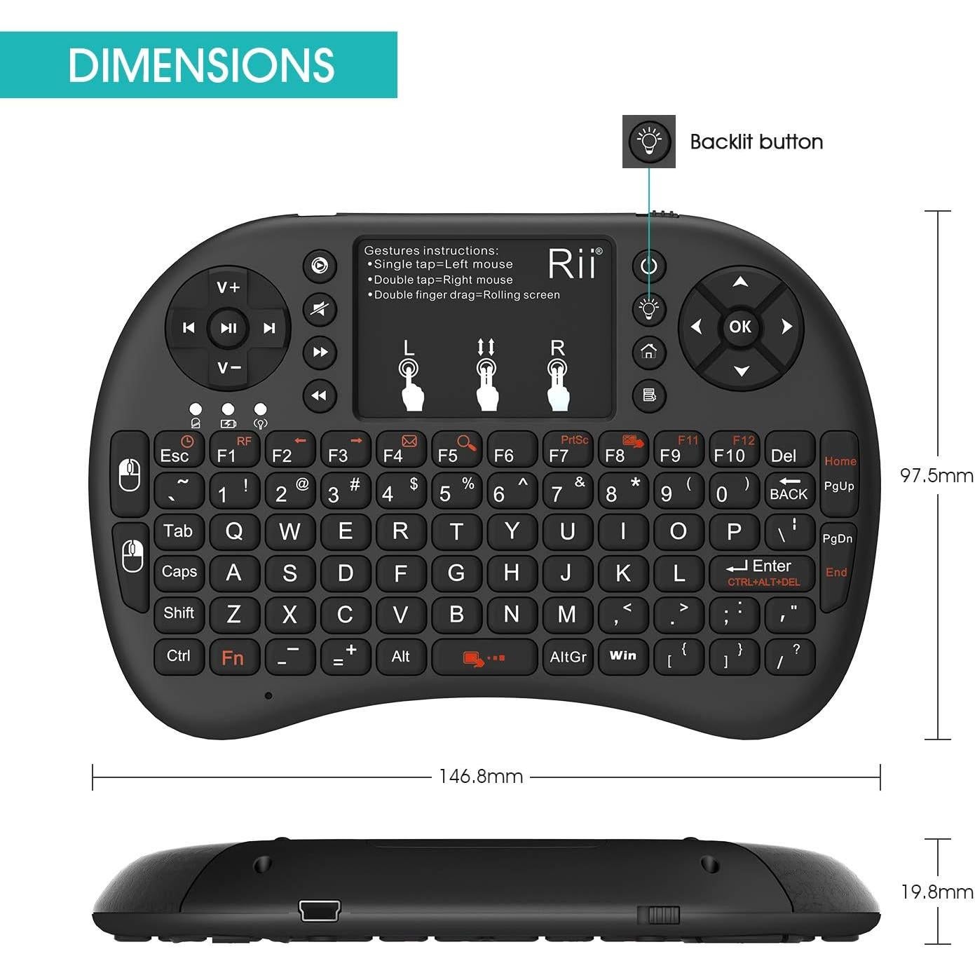 Teclado Inalámbrico Rii Mini 2.4GHz QWERTY con Touchpad LED