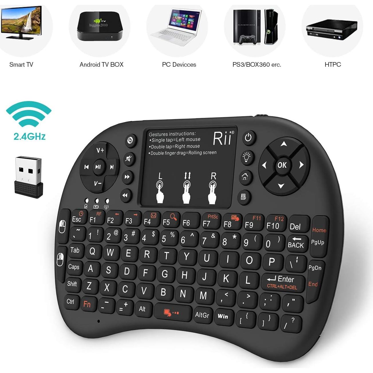 Teclado Inalámbrico Rii Mini 2.4GHz QWERTY con Touchpad LED