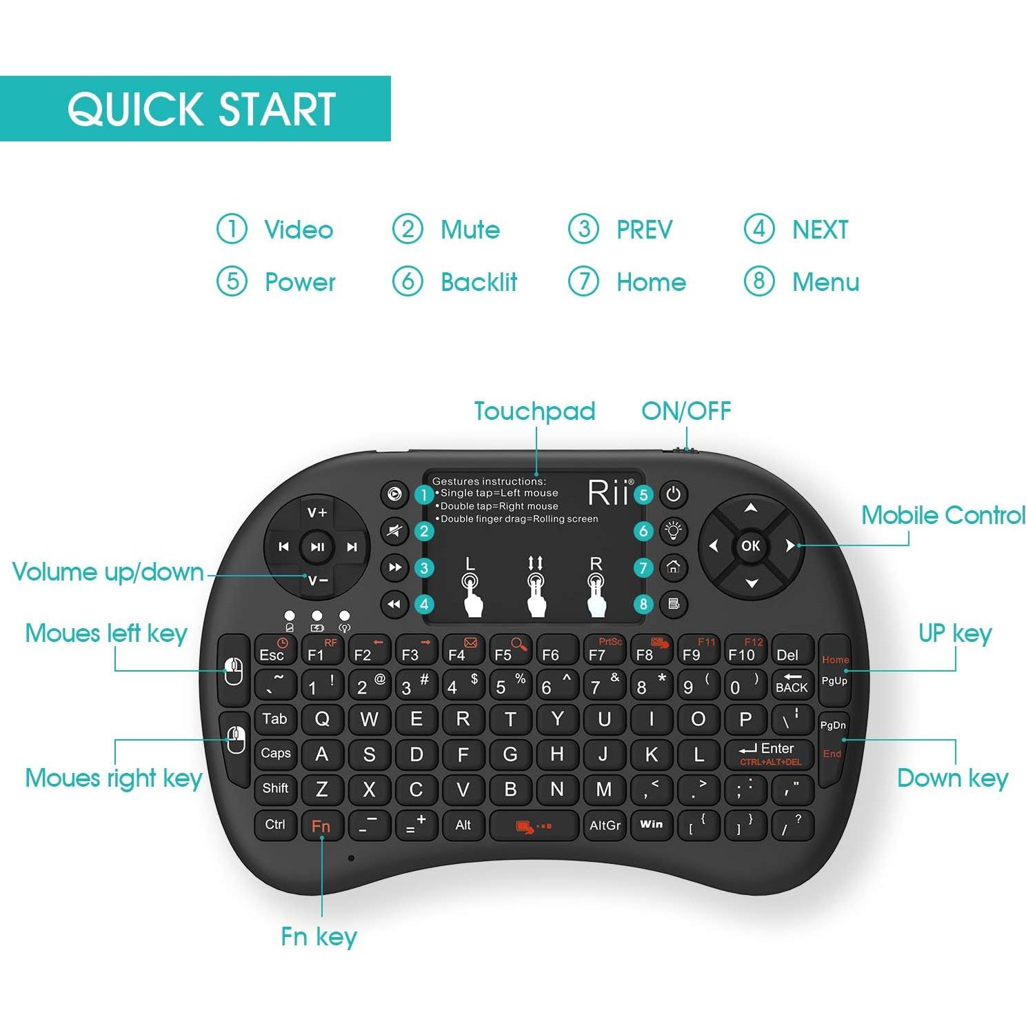 Teclado Inalámbrico Rii Mini 2.4GHz QWERTY con Touchpad LED