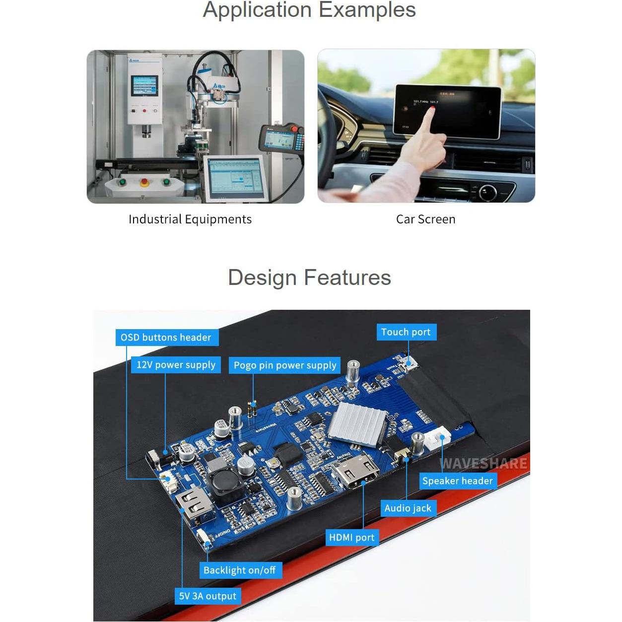 Pantalla LCD Táctil 12.3" Waveshare 1920x720 HDMI