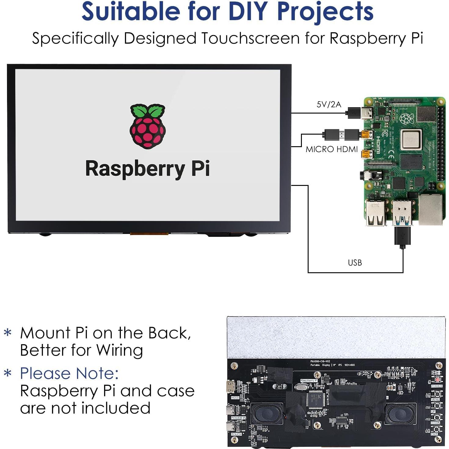 Monitor Táctil 9" HMTECH HDMI 1024x600 para Raspberry Pi