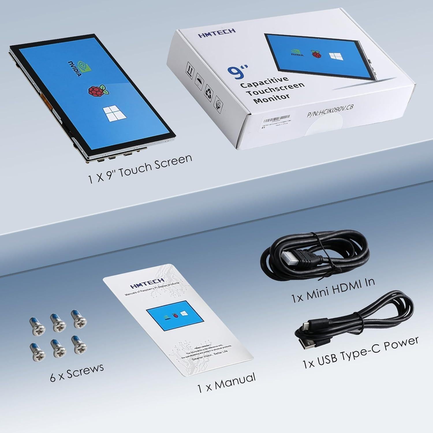 Monitor Táctil 9" HMTECH HDMI 1024x600 para Raspberry Pi