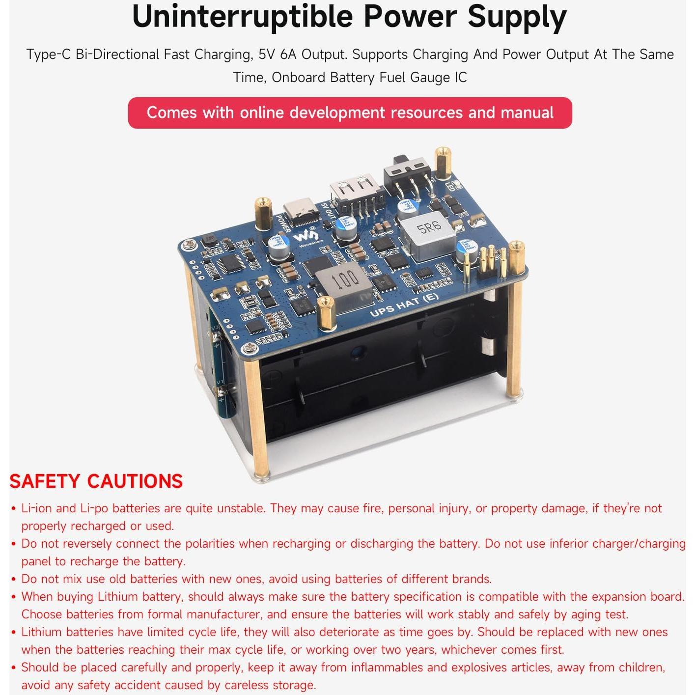 UPS HAT (E) Waveshare para Raspberry Pi 5/4B/3B+, 5V 6A