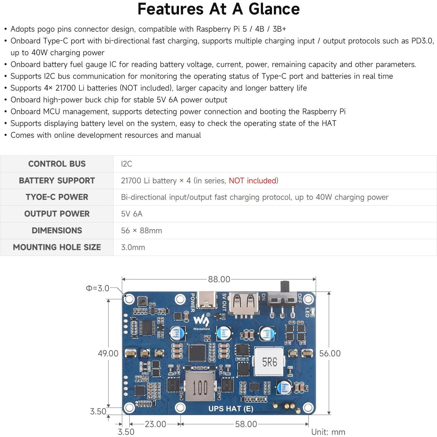 UPS HAT (E) Waveshare para Raspberry Pi 5/4B/3B+, 5V 6A