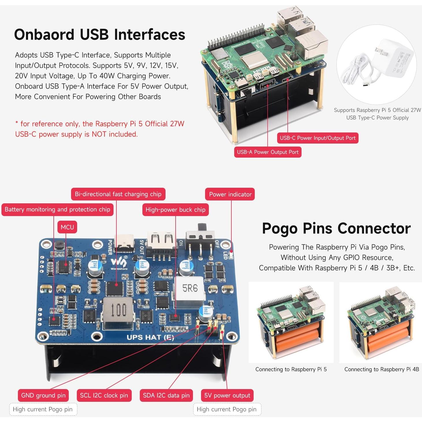 UPS HAT (E) Waveshare para Raspberry Pi 5/4B/3B+, 5V 6A