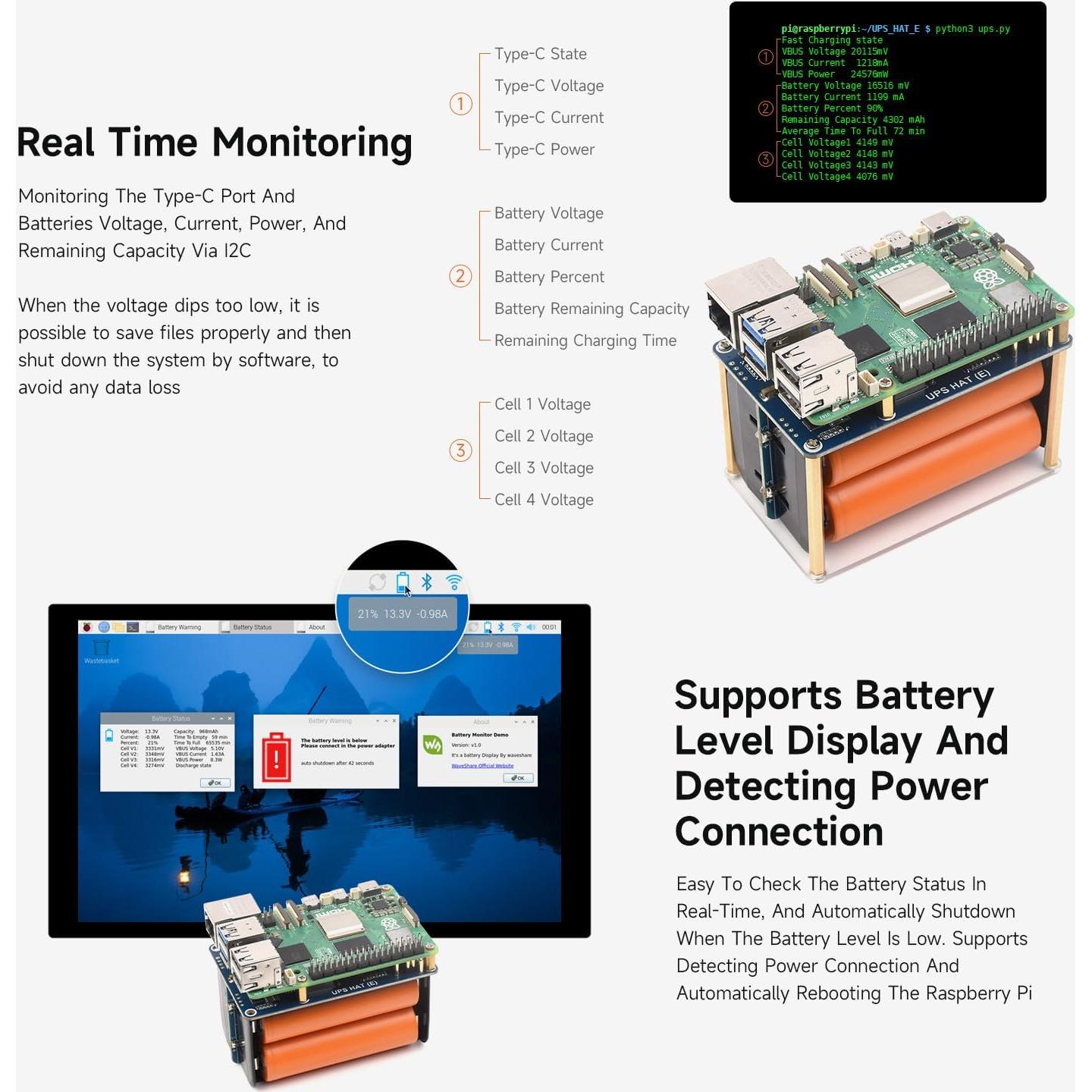 UPS HAT (E) Waveshare para Raspberry Pi 5/4B/3B+, 5V 6A