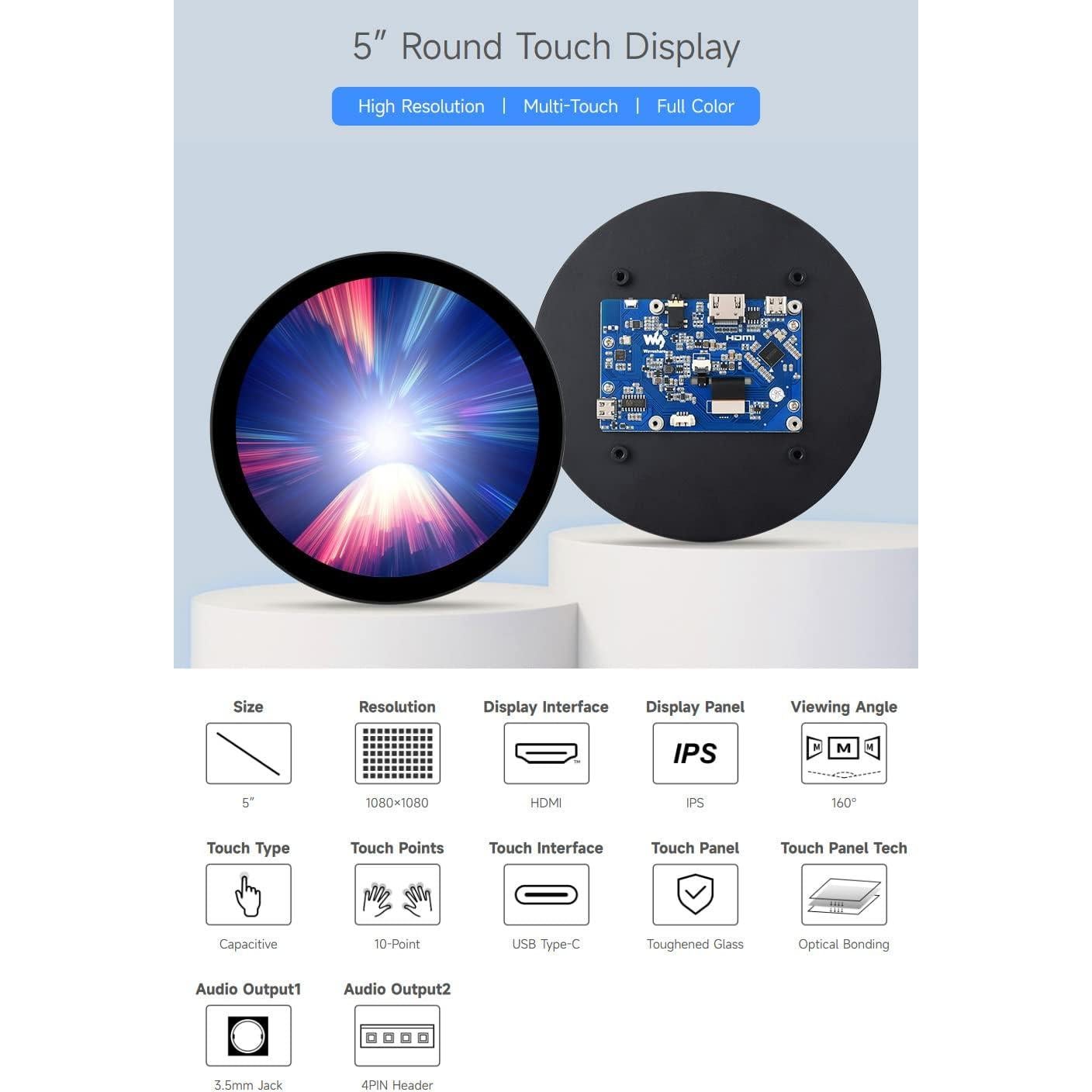 Pantalla Táctil Redonda 5" Waveshare 1080x1080 IPS