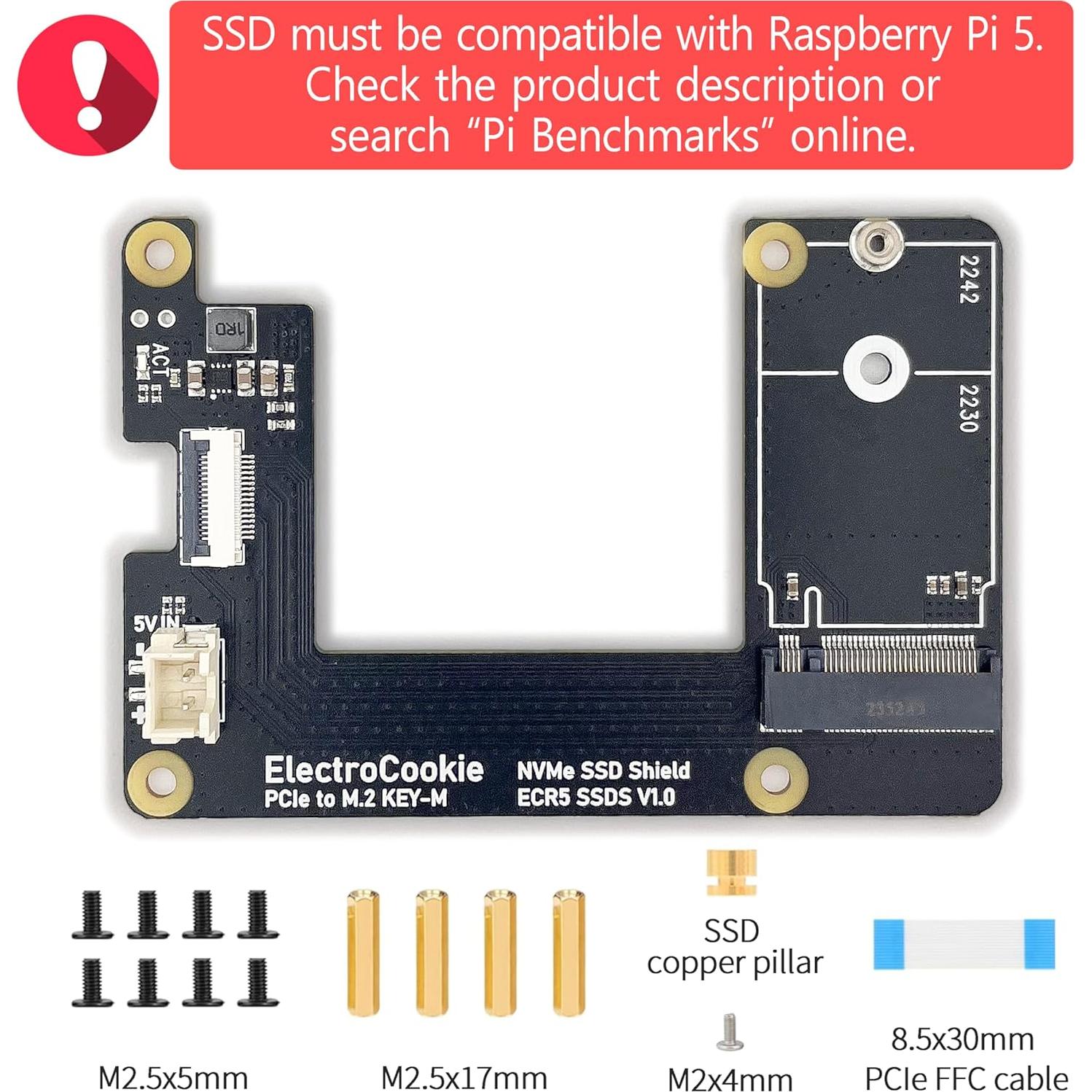 ElectroCookie HAT M.2 NVMe SSD para Raspberry Pi 5 - Soporta 2230 y 2242