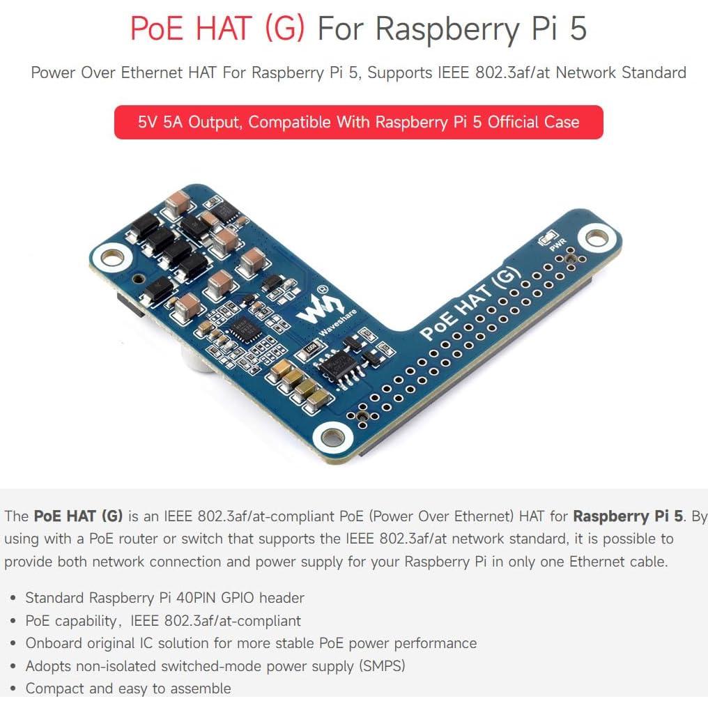 Waveshare PoE HAT G para Raspberry Pi 5, 5V 5A, 802.3af/at