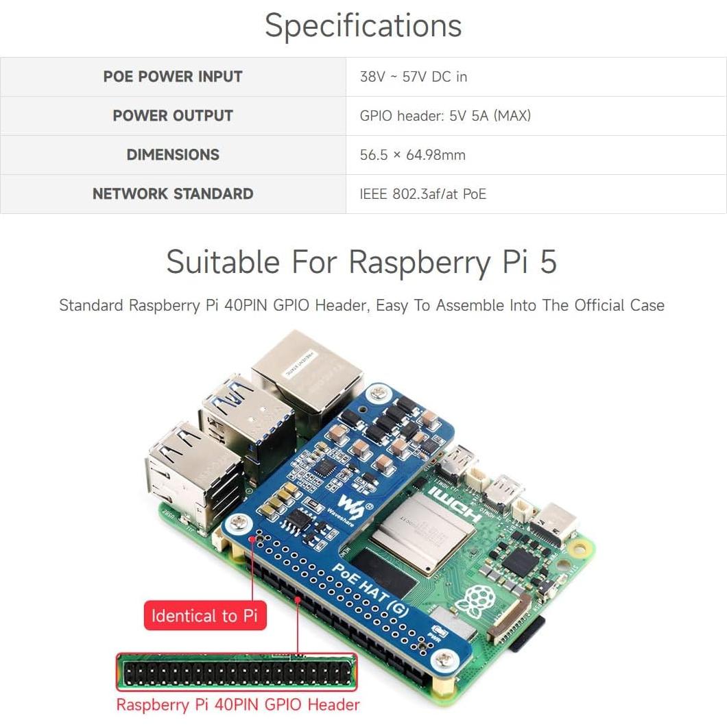 Waveshare PoE HAT G para Raspberry Pi 5, 5V 5A, 802.3af/at