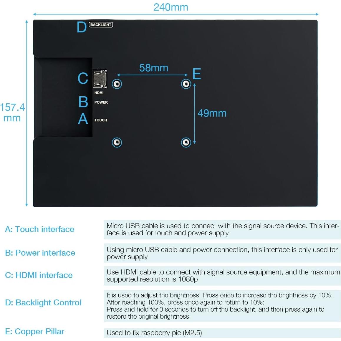 Monitor táctil capacitivo 10.1" IPS HDMI 1280x800 Hosyond