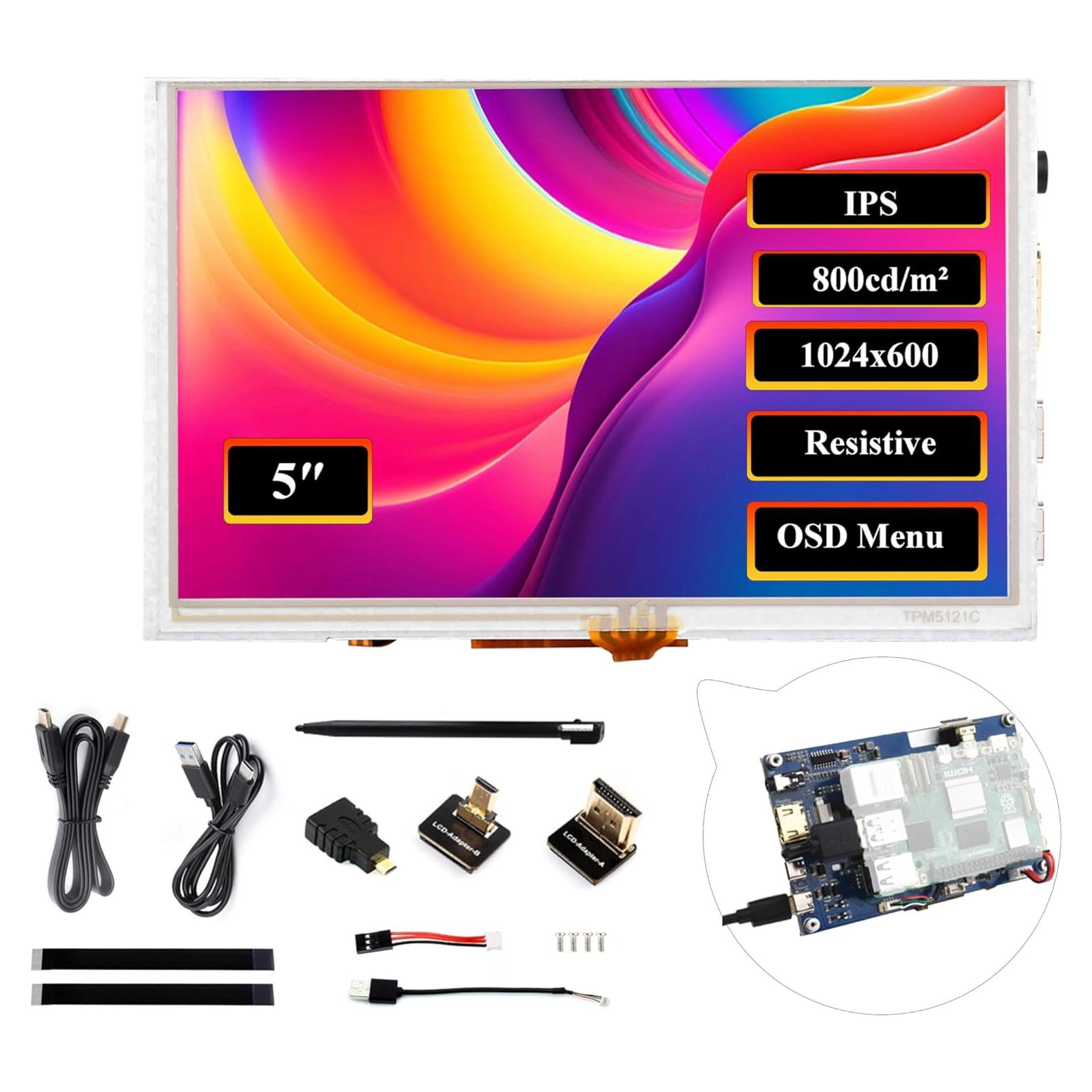 Pantalla Táctil 5" IPS HDMI Wonrabai 1024x600 Resistiva