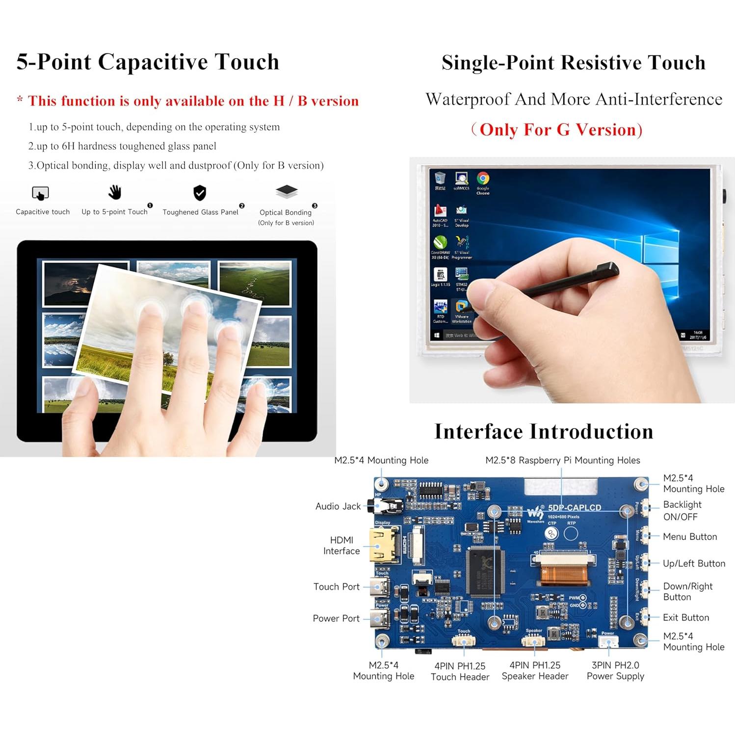 Pantalla Táctil 5" IPS HDMI Wonrabai 1024x600 Resistiva