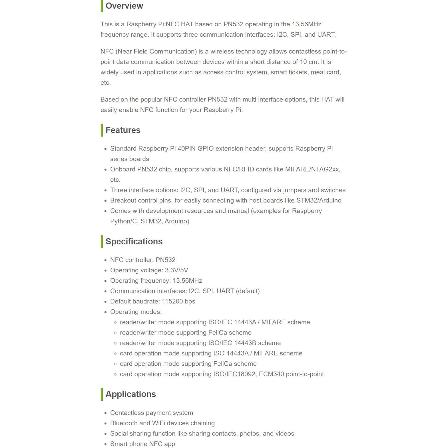 Módulo NFC Waveshare PN532 HAT para Raspberry Pi I2C/SPI