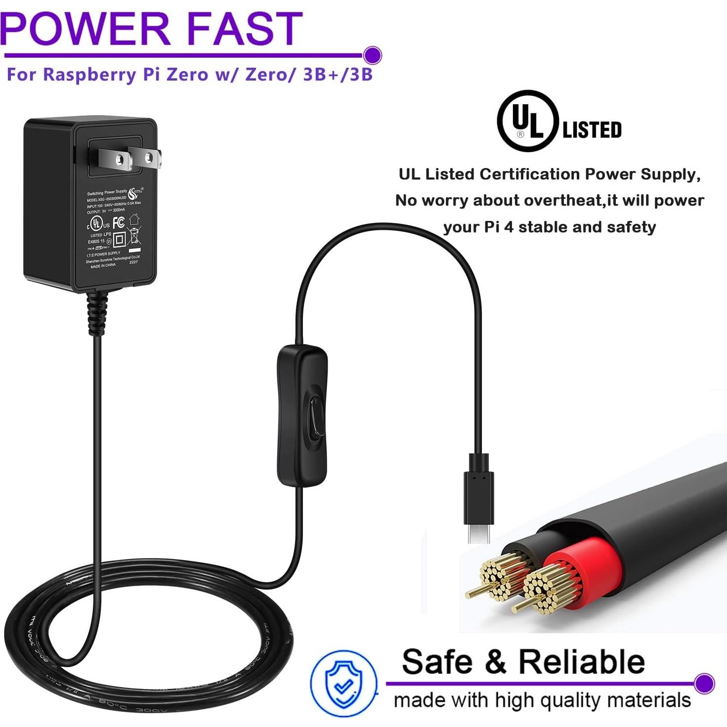 Fuente de Poder iUniker 5V 3A con Interruptor para Raspberry Pi