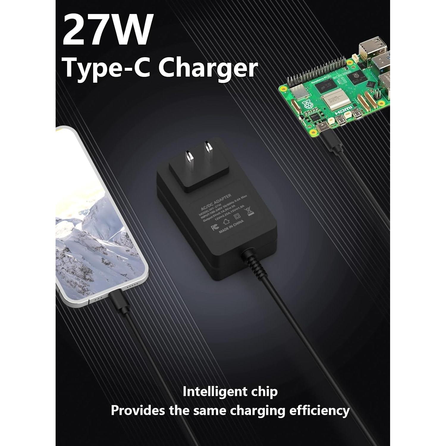 27W USB C Power Supply Compatible with Raspberry Pi 5, 5.1V 5A Power Adapter Charger Compatible with Raspberry Pi 5 8GB 4GB