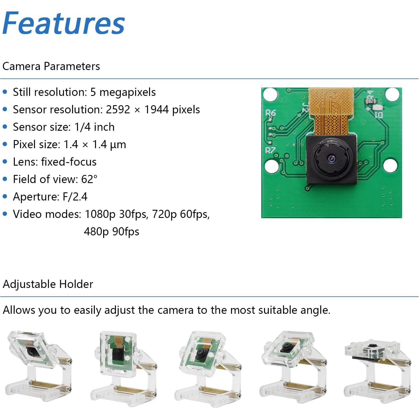 Cámara FREENOVE 5MP para Raspberry Pi 5/4B/3B+ con soporte