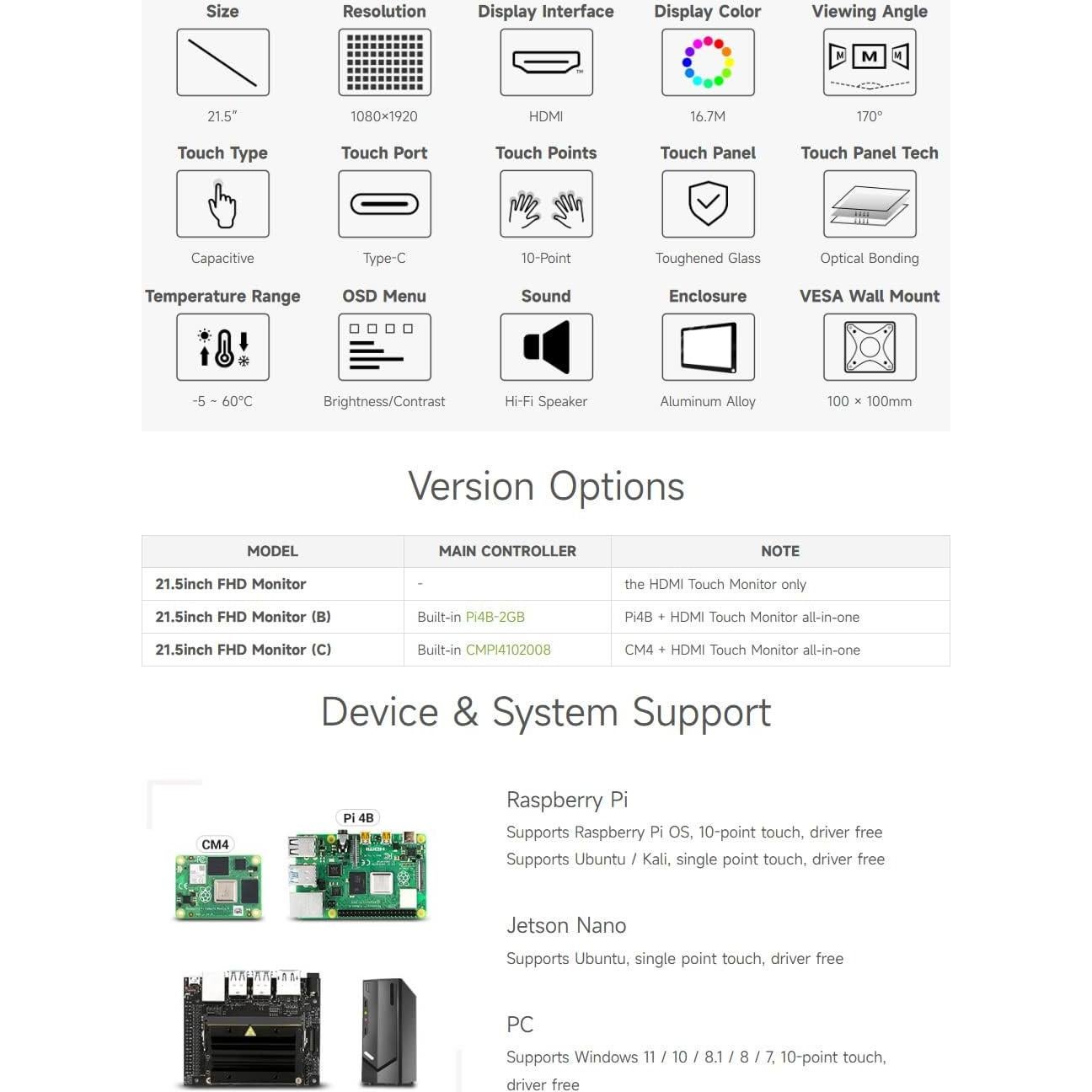 Monitor táctil 21.5" Waveshare 1080p Full HD HDMI