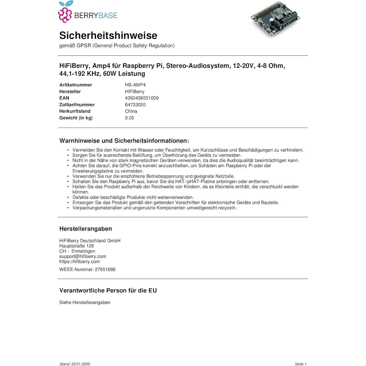 Amplificador de Potencia HiFiBerry AMP4 para Raspberry Pi