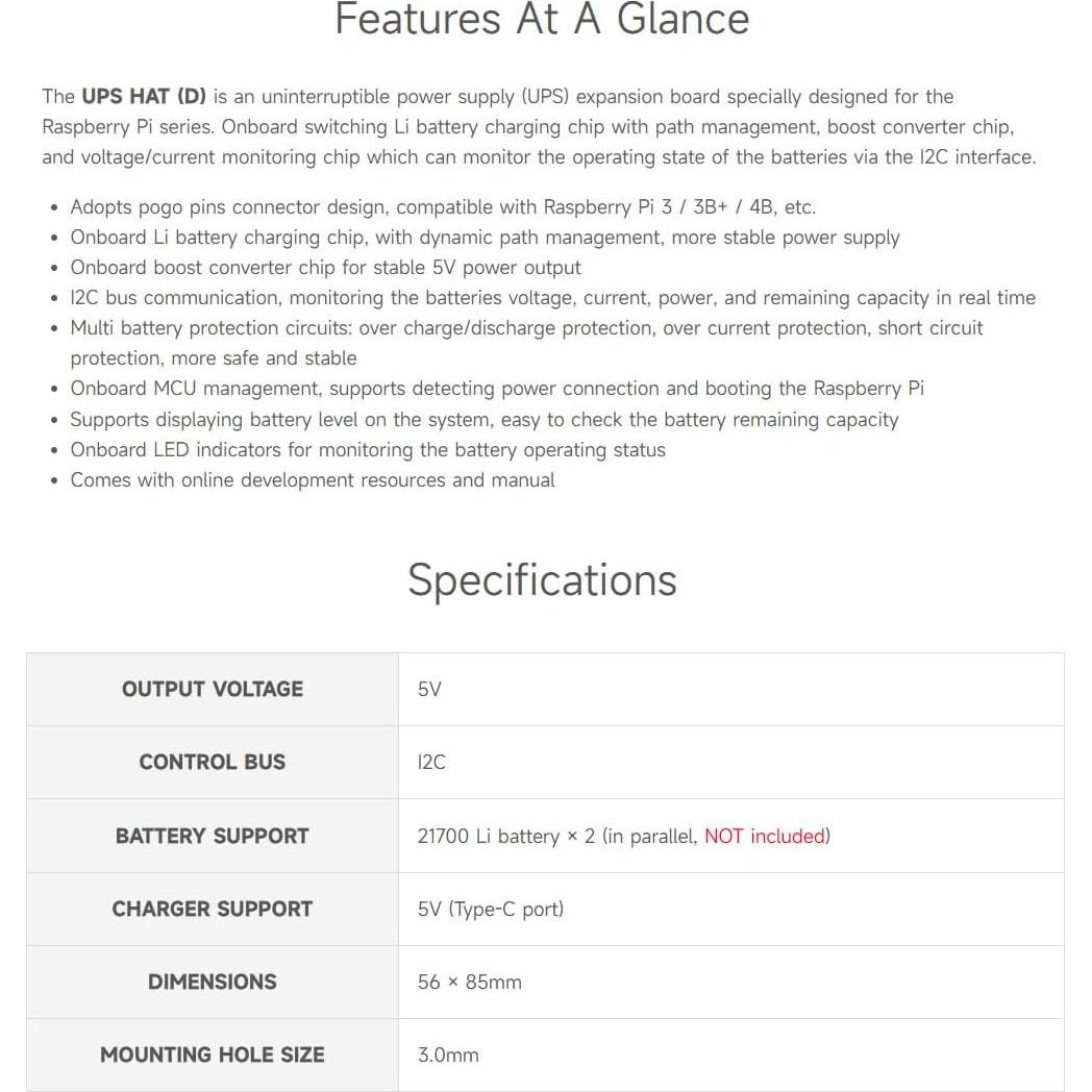 Waveshare UPS HAT (D) para Raspberry Pi, 5V, Carga Batería