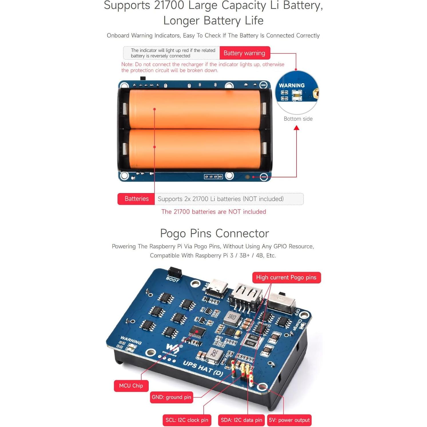 Waveshare UPS HAT (D) para Raspberry Pi, 5V, Carga Batería