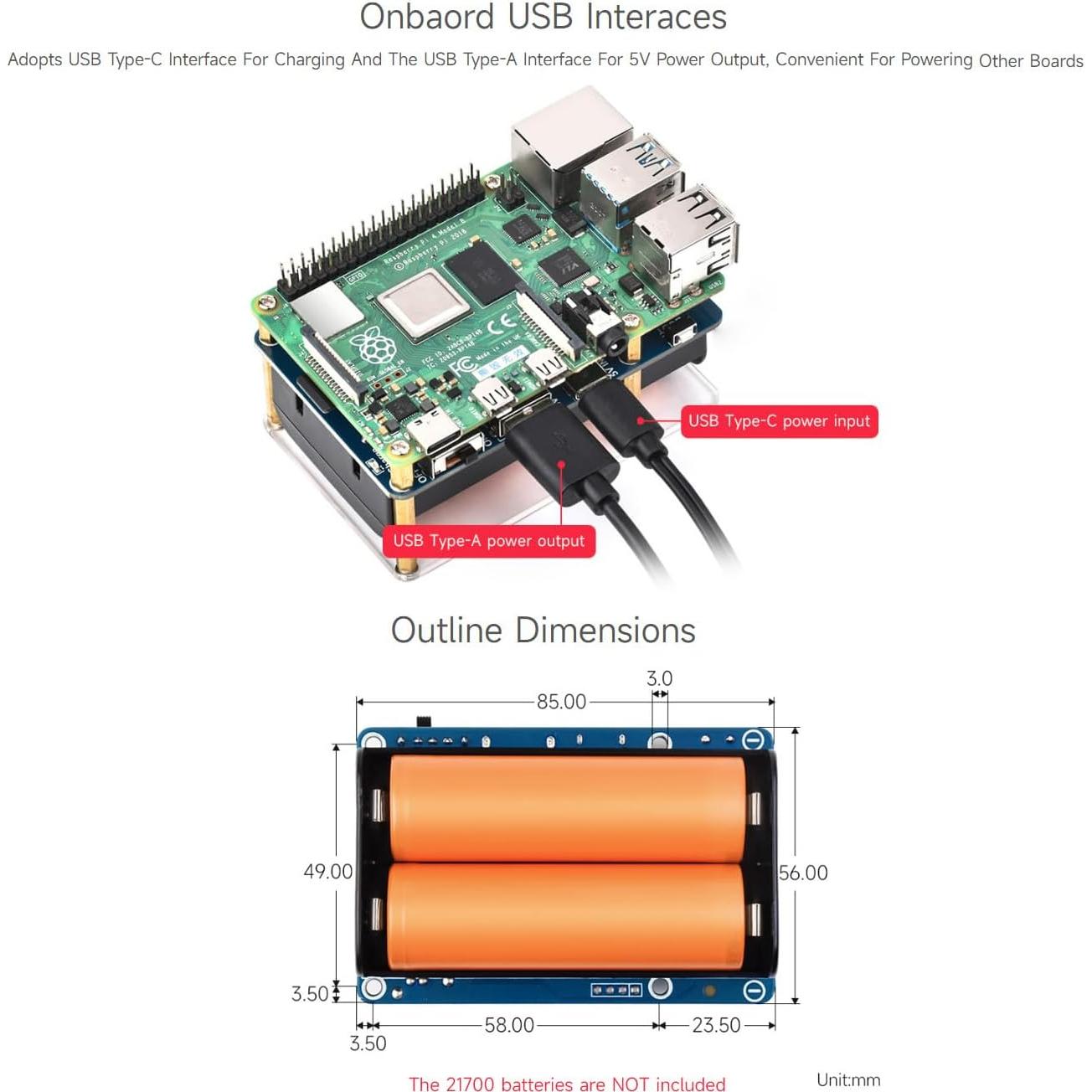 Waveshare UPS HAT (D) para Raspberry Pi, 5V, Carga Batería