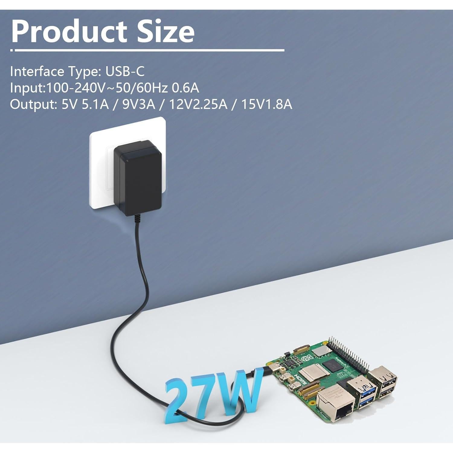 Fuente de Alimentación USB C 27W para Raspberry Pi 5 4GB/8GB