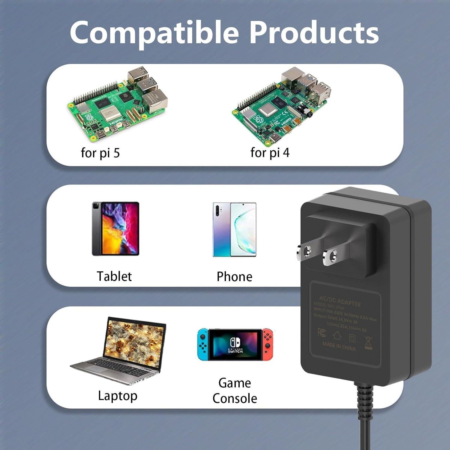 Fuente de Alimentación USB C 27W para Raspberry Pi 5 4GB/8GB