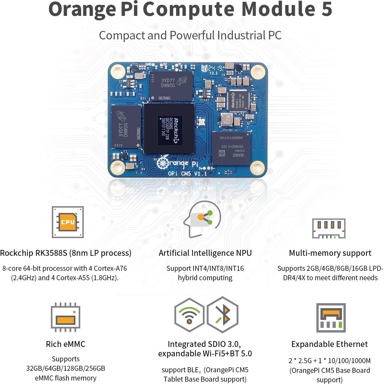 Placa Base Orange Pi CM5 8GB LPDDR4X Rockchip RK3588S