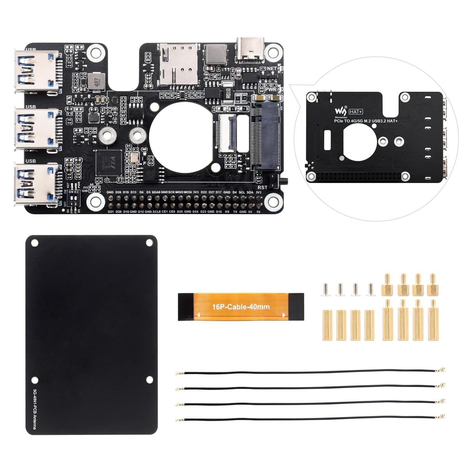 Módem Celular 4G/5G Waveshare PCIe a M.2 HAT USB 3.2