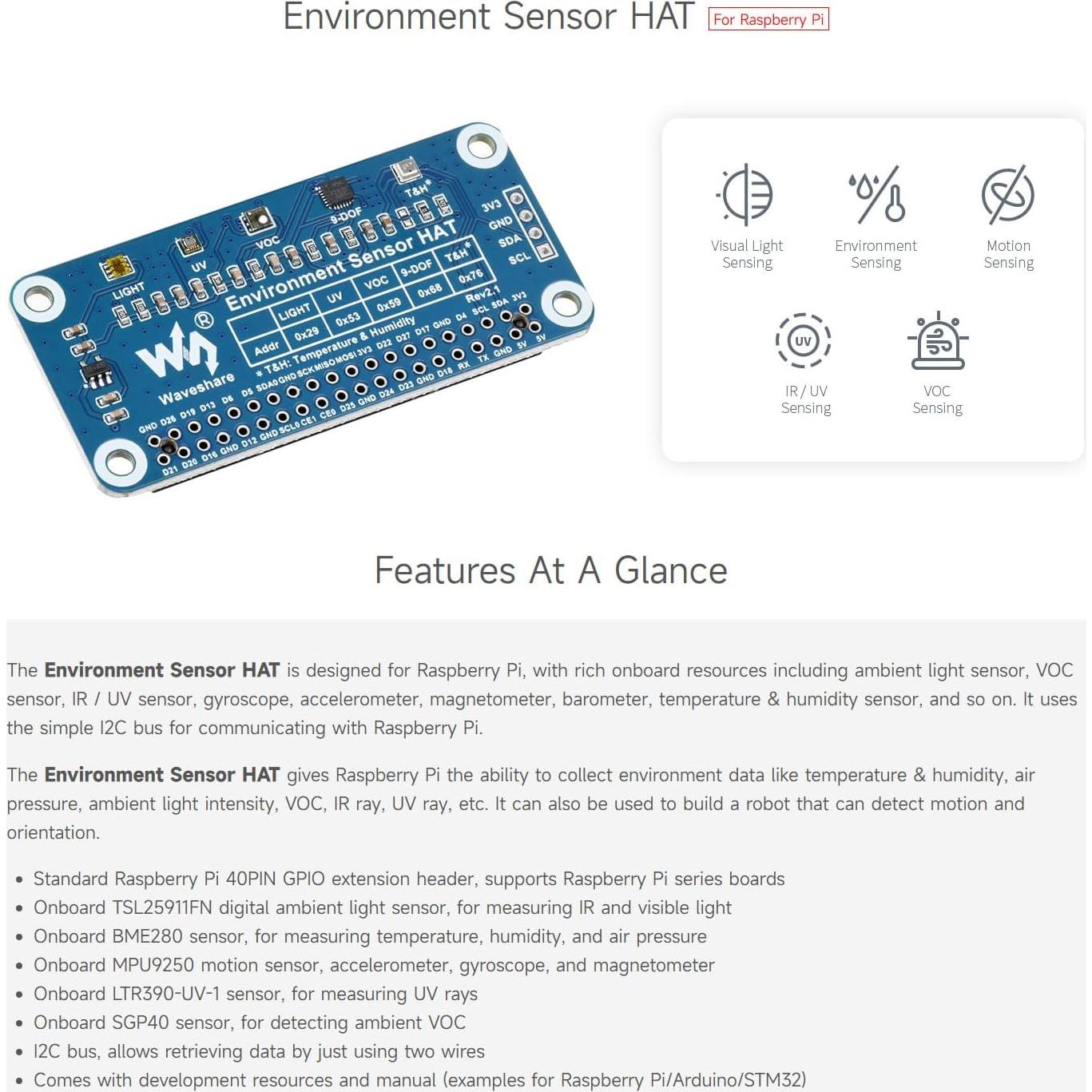 Sensor de Ambiente HAT Waveshare para Raspberry Pi - I2C, Luz, Temperatura, VOC