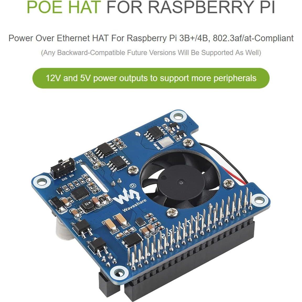 Waveshare PoE HAT C para Raspberry Pi 3B+/4B, 12V y 5V