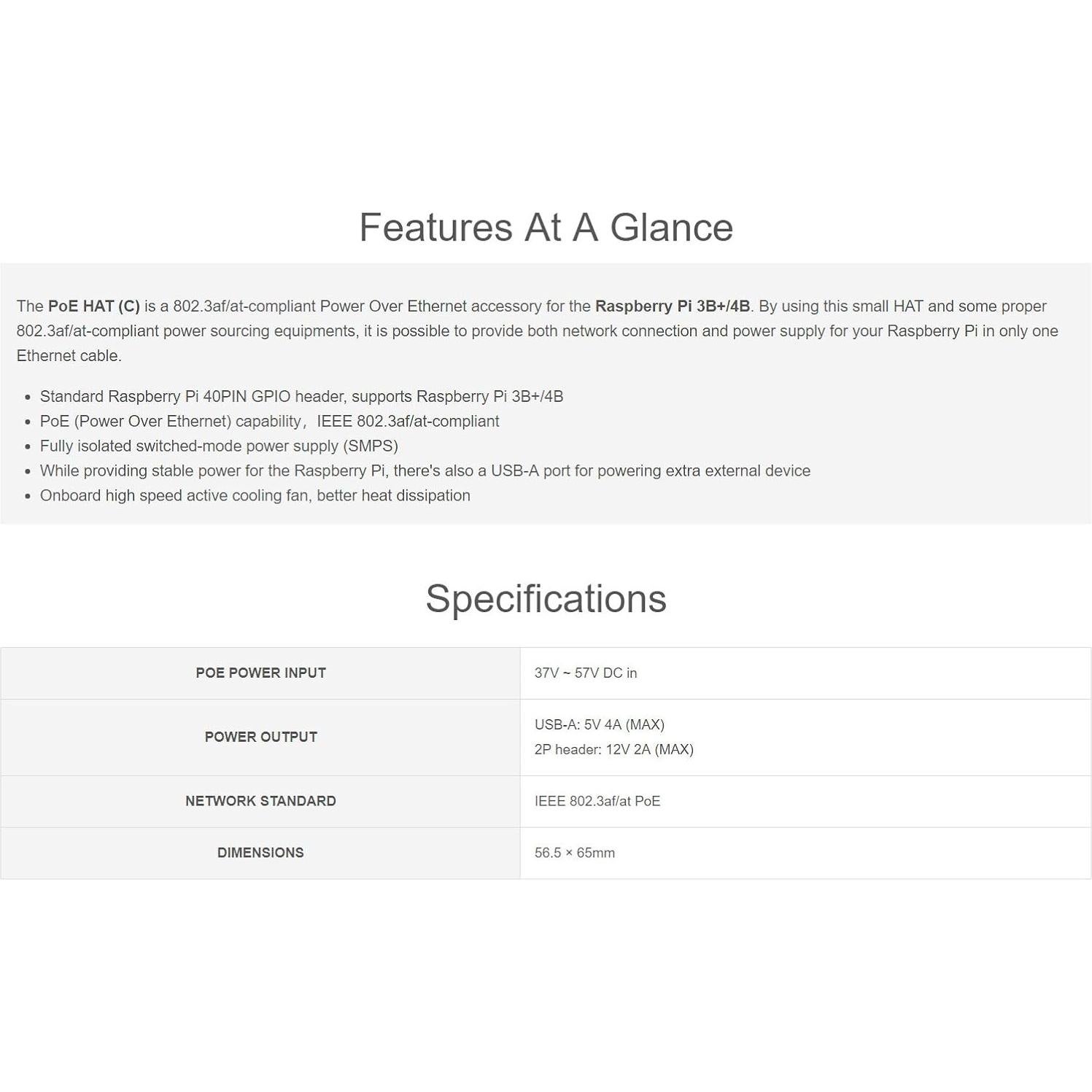 Waveshare PoE HAT C para Raspberry Pi 3B+/4B, 12V y 5V