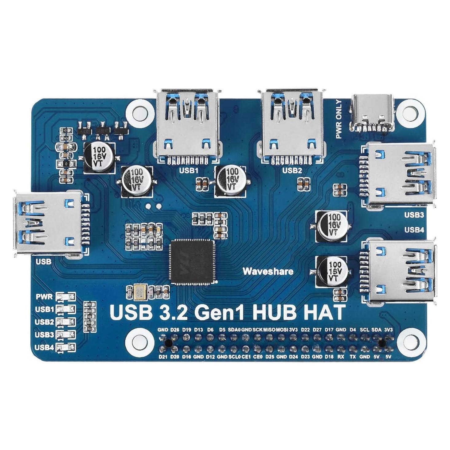 HUB HAT USB 3.2 Gen1 Waveshare para Raspberry Pi 5/4B/3B/Zero