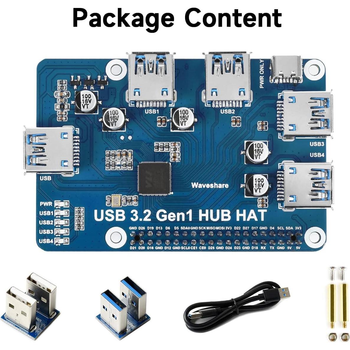 HUB HAT USB 3.2 Gen1 Waveshare para Raspberry Pi 5/4B/3B/Zero