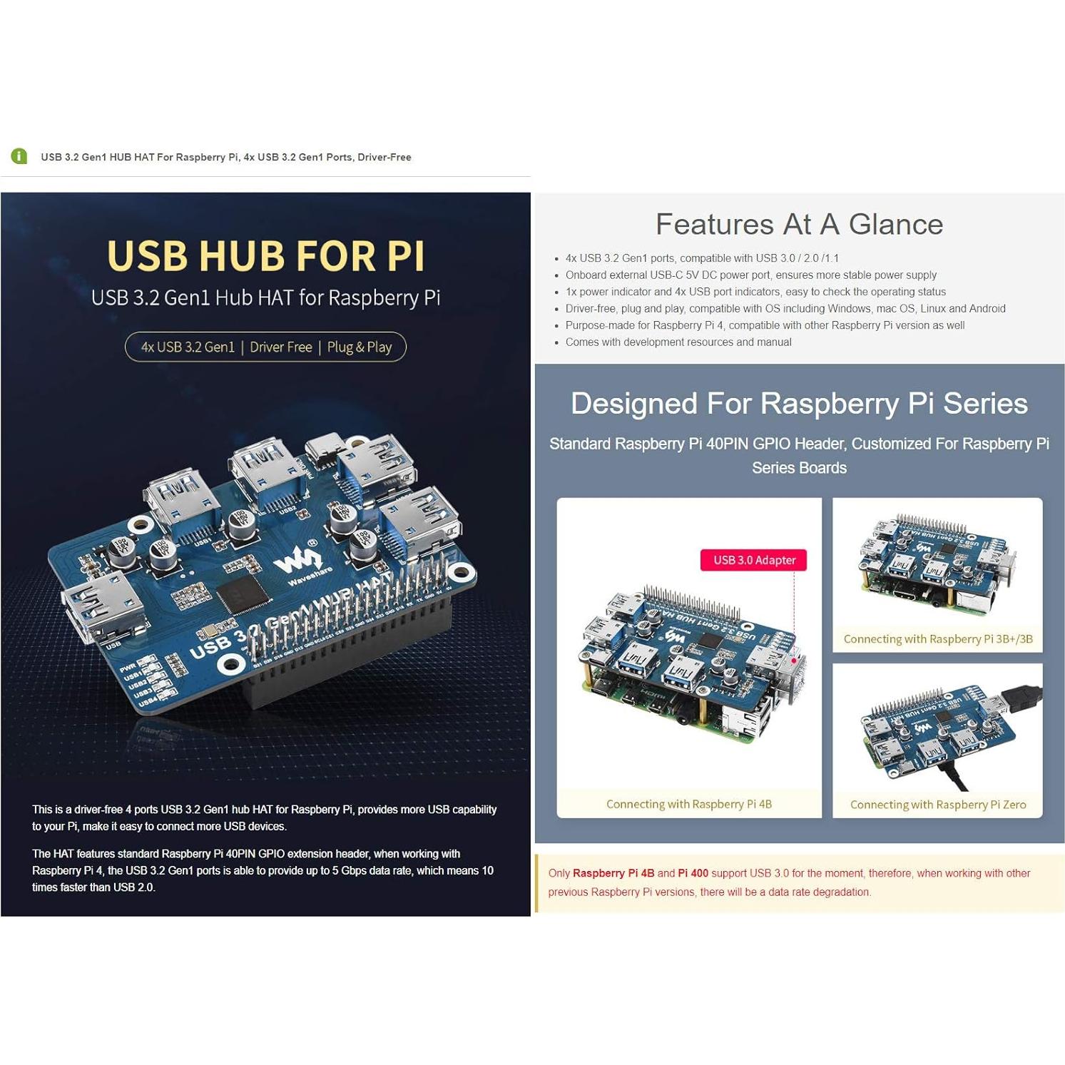 HUB HAT USB 3.2 Gen1 Waveshare para Raspberry Pi 5/4B/3B/Zero